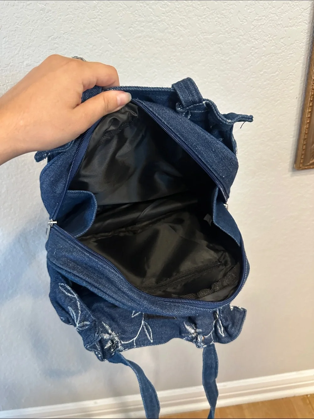 Denim Floral Embroidered Shoulder Bag - Navy